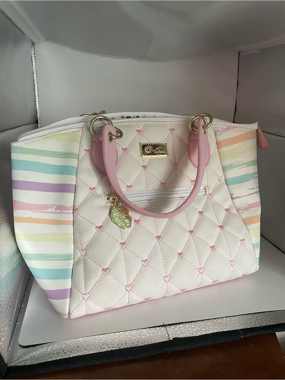 Betsy Johnson Quilted Heart Satchel Purse Pastels Hearts Luv Betsy New